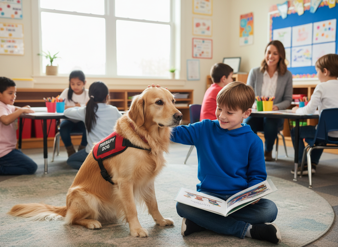 Therapiebegleithund mit Kind in der Schule