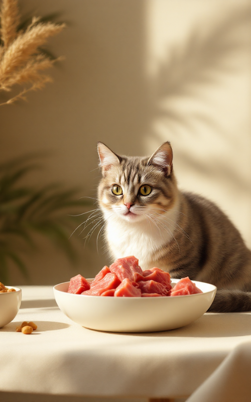 Katze mit Fleischschüssel